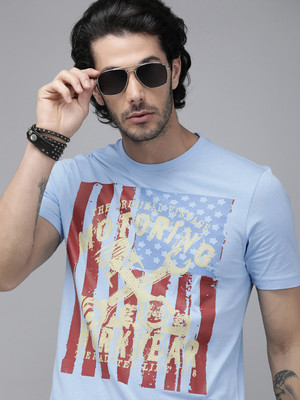 Roadster Printed, Typography Men Round Neck Blue T-Shirt