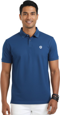 PeppyZone Solid Men Polo Neck Blue T-Shirt