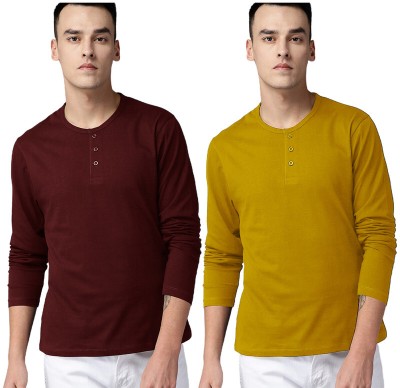 LazyChunks Solid Men Round Neck Maroon, Yellow T-Shirt