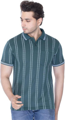 Onestar Striped Men Polo Neck Green T-Shirt