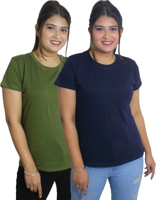 pinkshell Solid Women Round Neck Green, Dark Blue T-Shirt