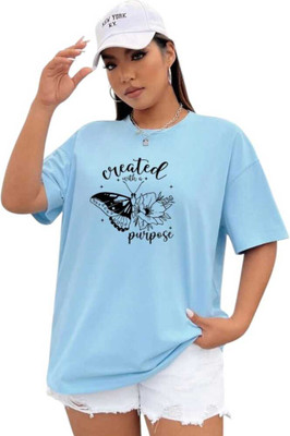 Fluffy Enterprises Printed Women Round Neck Light Blue T-Shirt