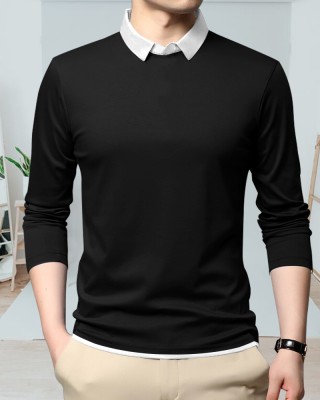 TEEMEX Solid Men Polo Neck Black T-Shirt