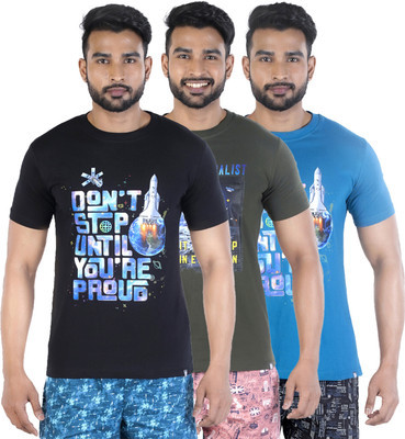 COLORS by Rupa Frontline Graphic Print Men Round Neck Black, Dark Green, Blue T-Shirt