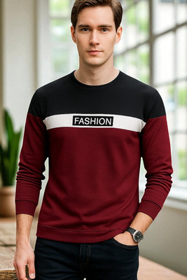 FAOES Colorblock, Typography Men Round Neck Maroon, Black T-Shirt