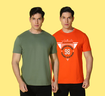 WOOSTRO Typography, Solid Men Round Neck Green, Orange T-Shirt