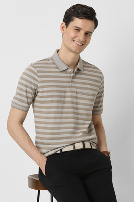 PETER ENGLAND Striped Men Polo Neck Beige T-Shirt
