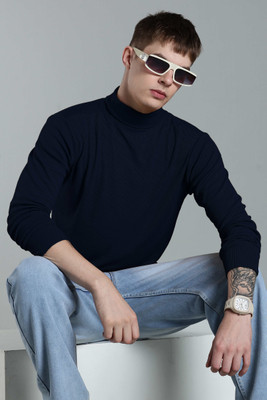 FREAKS Solid High Neck Casual Men Dark Blue Sweater