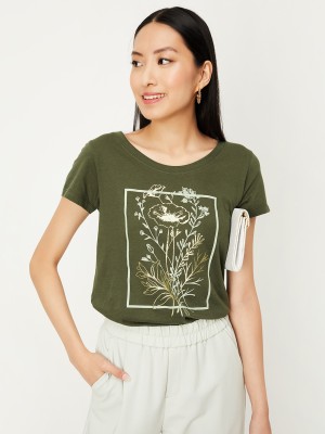 MAX Printed Women Round Neck Green T-Shirt