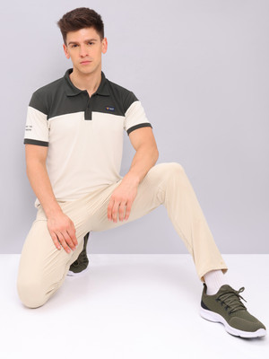 TECHNOSPORT Colorblock Men Polo Neck Beige T-Shirt