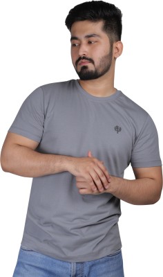 LEAFCARE Solid Men Round Neck Grey T-Shirt