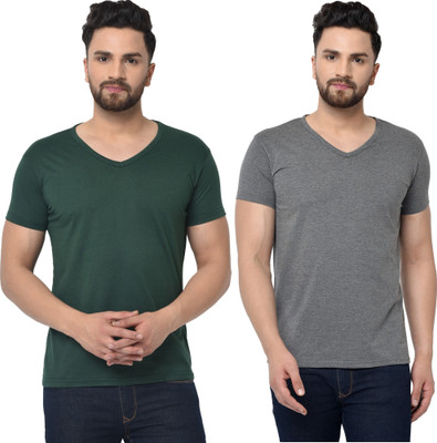 Tresna Trendy Solid Men V Neck Dark Green, Grey T-Shirt