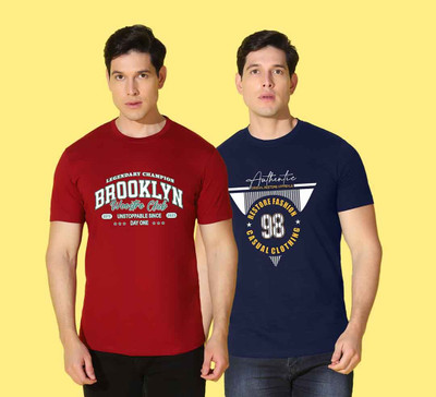 WOOSTRO Printed Men Round Neck Maroon, Black T-Shirt
