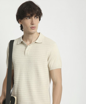 THE BEAR HOUSE Self Design Men Polo Neck Beige T-Shirt