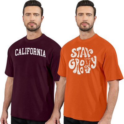 DIAZ Printed Men Round Neck Maroon, Orange T-Shirt