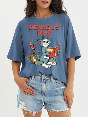 Vylo Printed Women Round Neck Blue T-Shirt