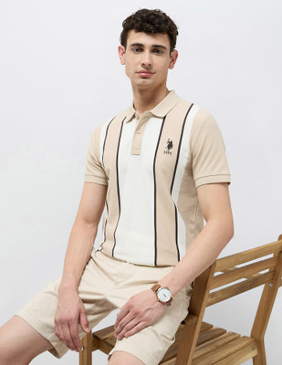 U.S. POLO ASSN. Striped Men Polo Neck Beige, White T-Shirt