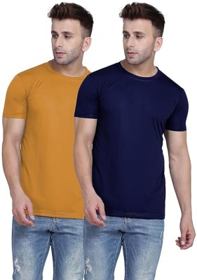 PARA HILLS Solid Men Round Neck Navy Blue, Yellow T-Shirt