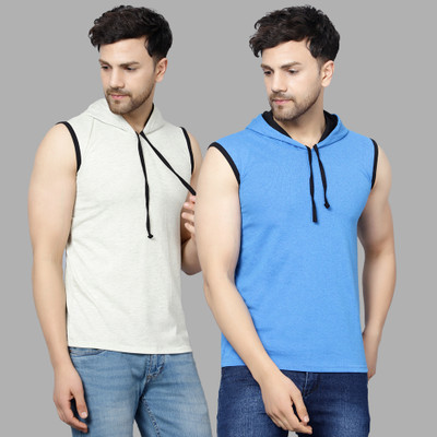 Ayvina Self Design Men Hooded Neck White, Light Blue T-Shirt