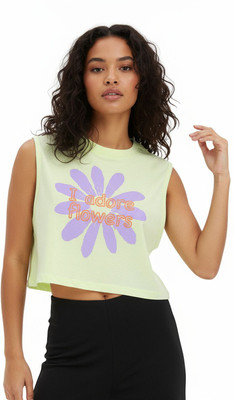 Glitchez Printed Women Round Neck Green T-Shirt