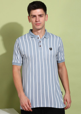 METRONAUT Striped Men Polo Neck Grey T-Shirt