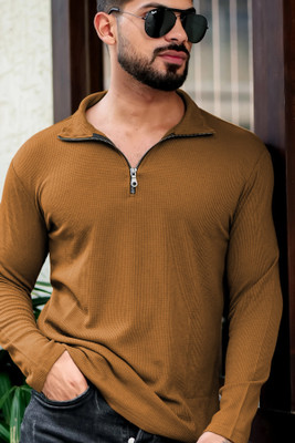 INDICLUB Self Design Men Polo Neck Brown T-Shirt