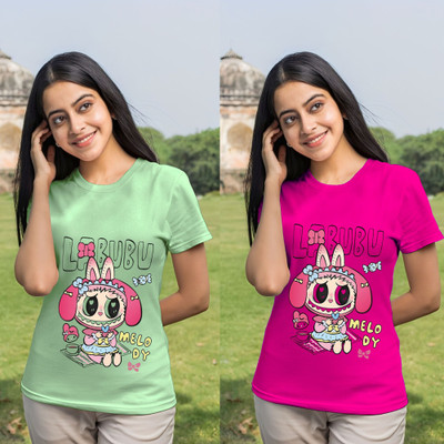 Kintu Parantu Cartoon Women Round Neck Pink T-Shirt