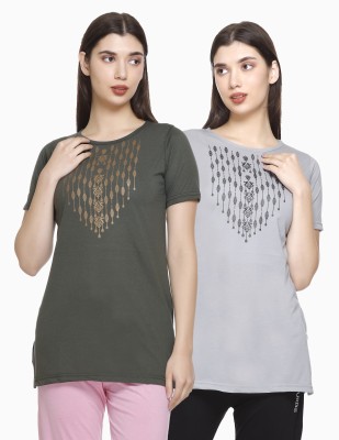 URBE Printed Women Round Neck Grey T-Shirt