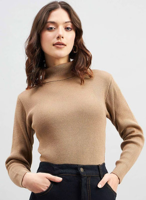 LIME Solid Women High Neck Beige T-Shirt