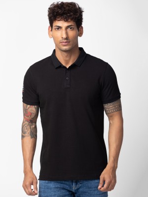 Spykar Solid Men Polo Neck Black T-Shirt