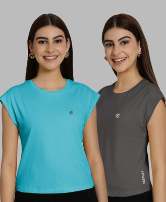 HouseOfCommon Solid Women Round Neck Grey, Light Blue T-Shirt