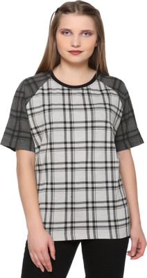 HouseOfCommon Checkered Women Round Neck Grey T-Shirt