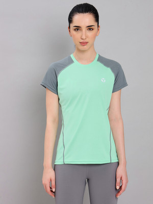 TECHNOSPORT Colorblock Women Round Neck Light Green T-Shirt