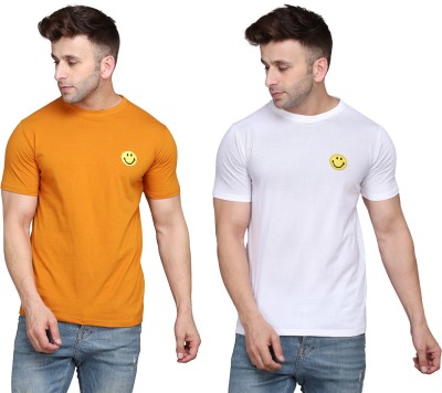 Money Leaf Solid Men Round Neck Gold, White T-Shirt