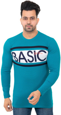 CODE-9 Typography Men Round Neck Blue T-Shirt