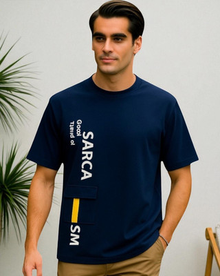 Teezler Typography Men Round Neck Navy Blue T-Shirt