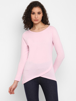 Ap'pulse Solid Women Round Neck Pink T-Shirt