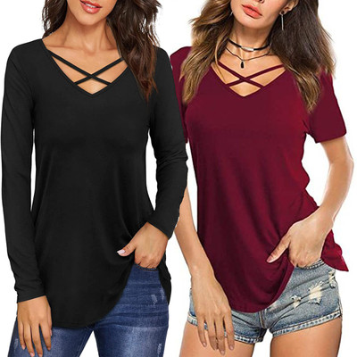 Boldwink Solid Women V Neck Maroon, Black T-Shirt