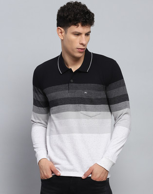 MONTE CARLO Striped, Solid Men Mandarin Collar Black, White T-Shirt