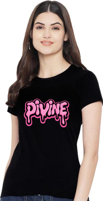 SKYMADV Printed Women Round Neck Black T-Shirt