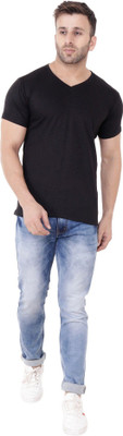 Blisstone Solid Men V Neck Black T-Shirt