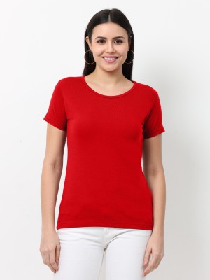 Wafaa Solid Women Round Neck Red T-Shirt