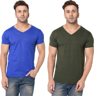Tresna Trendy Solid Men V Neck Dark Green, Blue T-Shirt