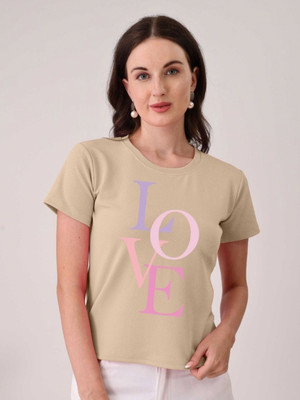 Moda Rapido Printed Women Round Neck Beige T-Shirt