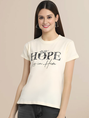 Fabflee Printed Women Round Neck Beige T-Shirt