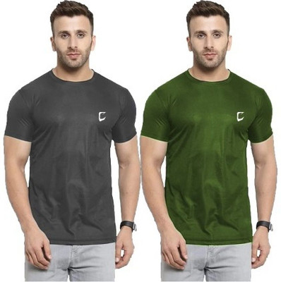 CRAVVEN Solid Men Round Neck Grey, Green T-Shirt