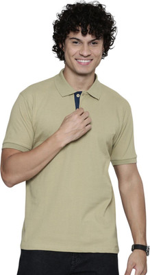 ABHYAM Solid Men Polo Neck Beige T-Shirt
