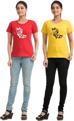 STYLE AK Solid Women Round Neck Red, Yellow T-Shirt