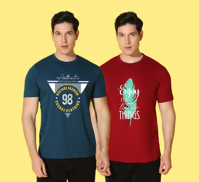 WOOSTRO Typography Men Round Neck Dark Blue, Maroon T-Shirt