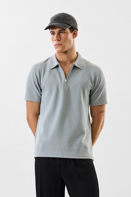 Snitch Solid Men Zip Neck Grey T-Shirt